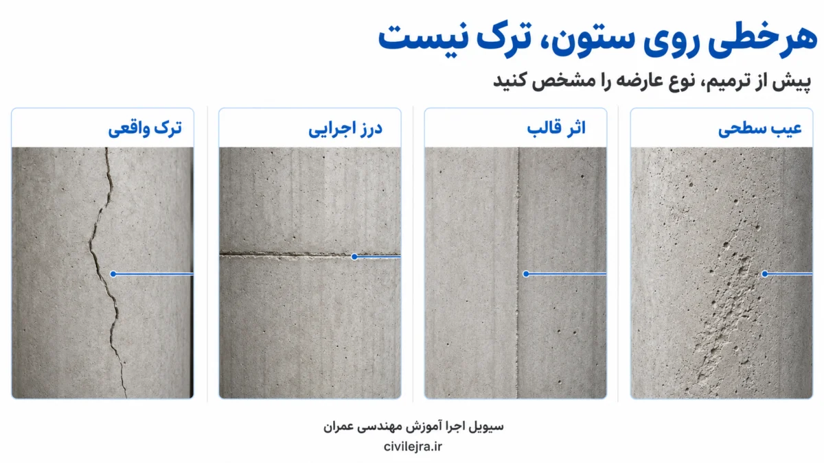 مقایسه ترک واقعی ستون بتنی با درز اجرایی، اثر قالب و عیب سطحی بتن