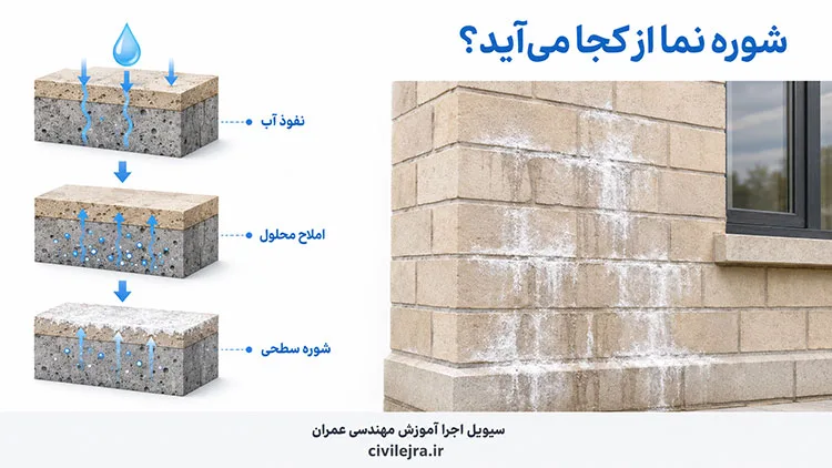 علت شوره زدگی نمای ساختمان به دلیل نفوذ رطوبت و حرکت املاح در مصالح نما