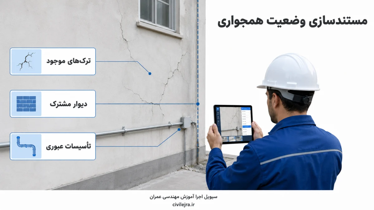 مستندسازی ترک‌ها و وضعیت ساختمان‌های مجاور پیش از تخریب و گودبرداری کارگاه ساختمانی