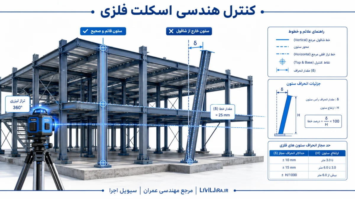 کنترل شاقولی و تراز اعضای فولادی در اجرای اسکلت فلزی