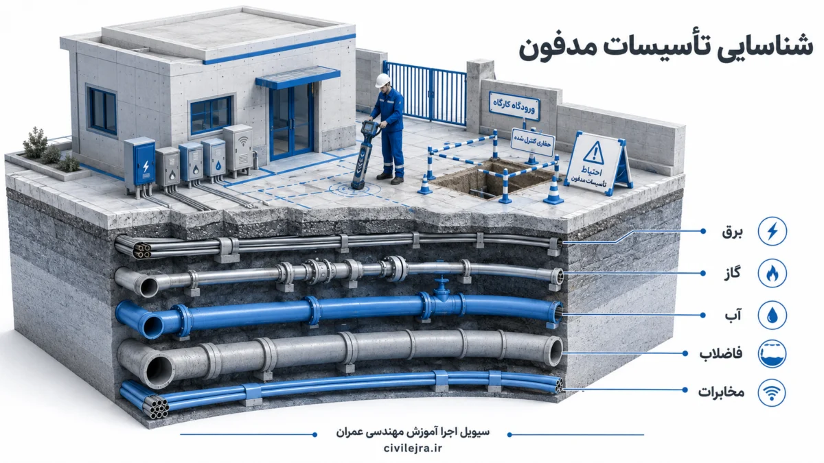 اینفوگرافیک شناسایی مسیر تأسیسات مدفون آب، برق، گاز، فاضلاب و مخابرات در کارگاه ساختمانی