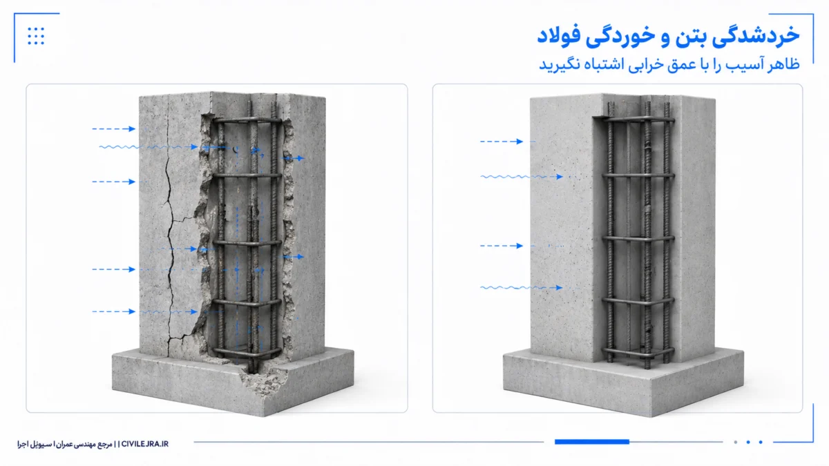 خردشدگی بتن، نمایان‌شدن میلگرد و کاهش سطح مقطع فولاد بر اثر خوردگی سازه