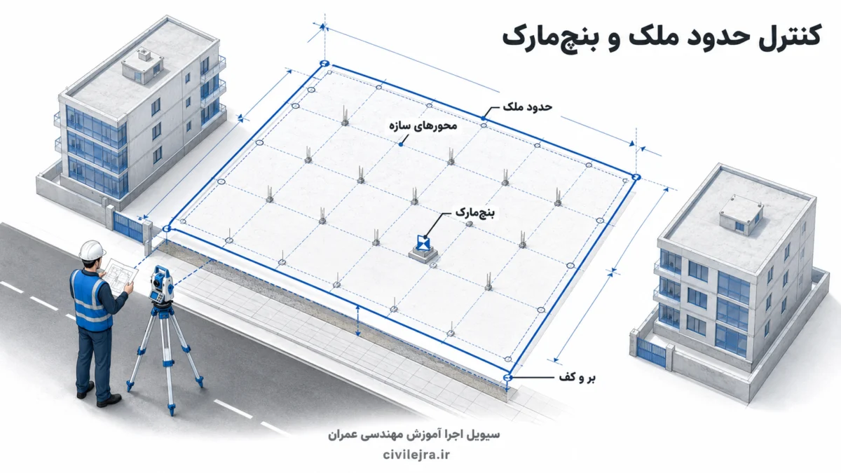 کنترل حدود ملک، محورهای سازه و بنچ‌مارک نقشه‌برداری در زمان تحویل کارگاه ساختمانی
