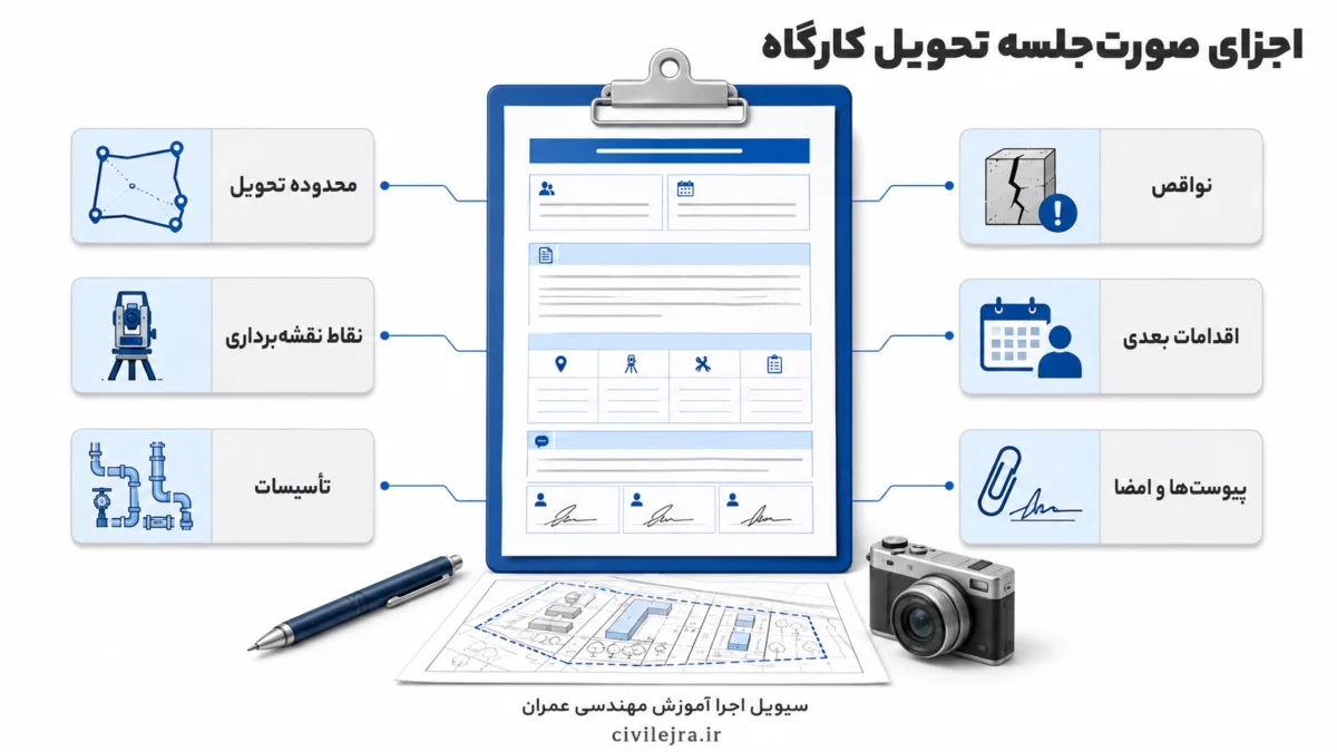 اینفوگرافیک اجزای صورت‌جلسه تحویل کارگاه ساختمانی شامل محدوده، تأسیسات، نواقص و اقدامات بعدی