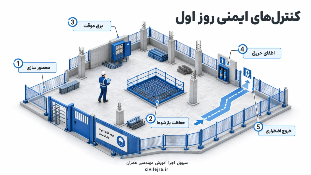 کنترل‌های ایمنی روز اول کارگاه ساختمانی شامل حصار، برق موقت، خروج اضطراری و حفاظت بازشوها