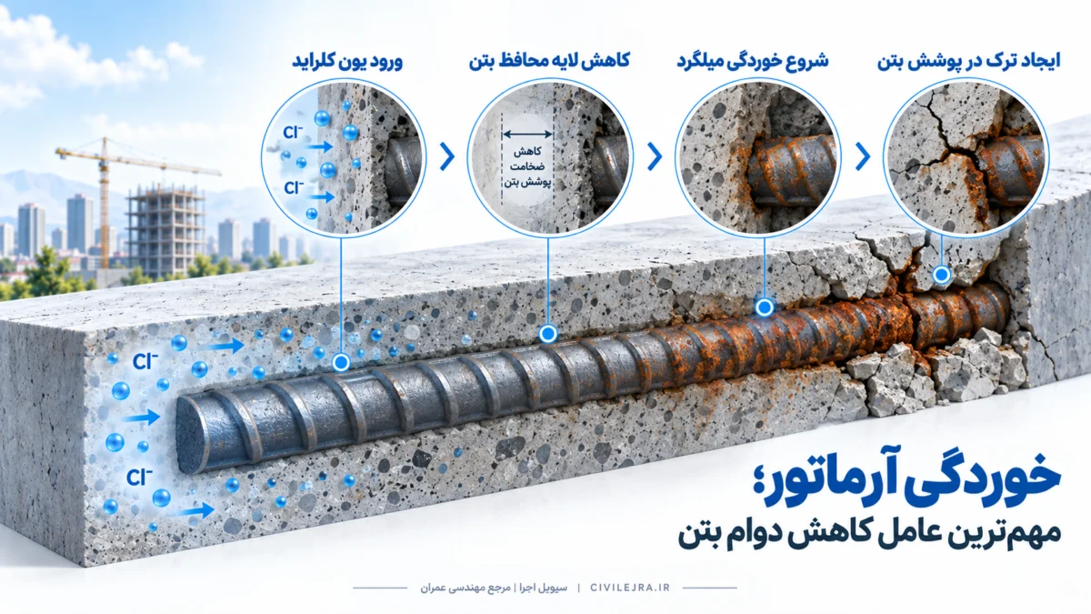 عوامل اصلی خرابی بتن مسلح شامل خوردگی میلگرد ترک و نفوذ مواد مخرب